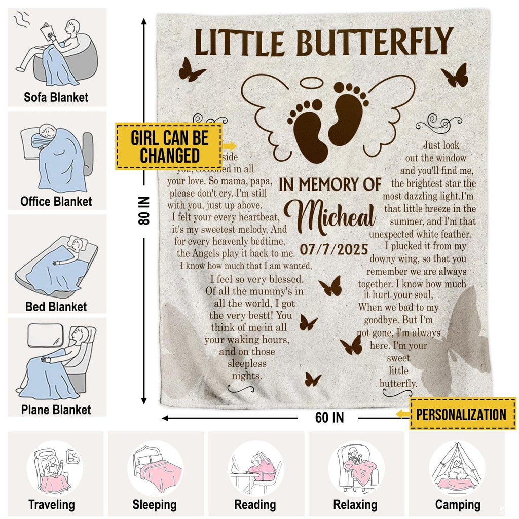 Dimensions and lifestyle usage infographic for the memorial butterfly blanket.