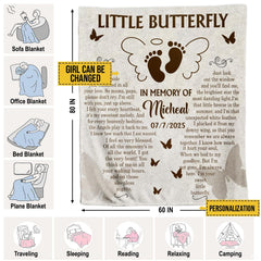 Dimensions and lifestyle usage infographic for the memorial butterfly blanket.