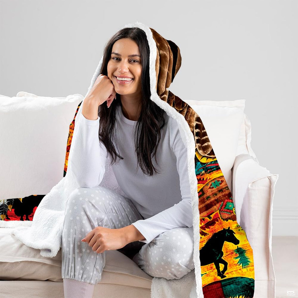 Beaded owl totem throw blanket view 8 highlighting beaded owl eyes, turquoise gems, and Southwestern patterns