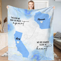 Flat display of long distance friendship map pink throw blanket showing full geographic artwork