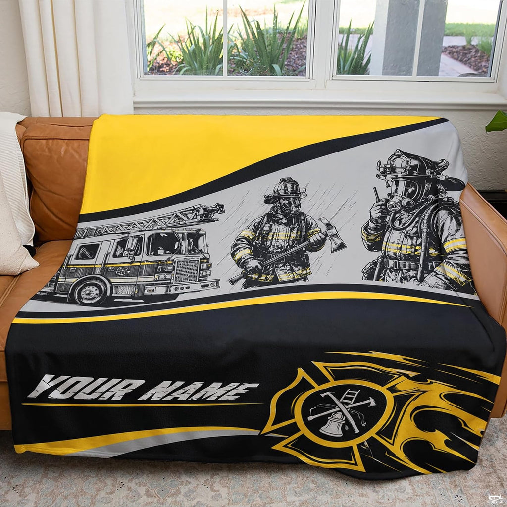 Detailed view of stylized yellow flaming Maltese cross badge and tool icons on Blanket.