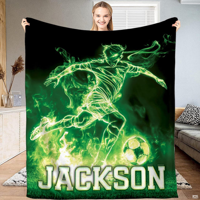Neon soccer player bedding set with glowing green smoke graphics for boys sports bedroom ideas.