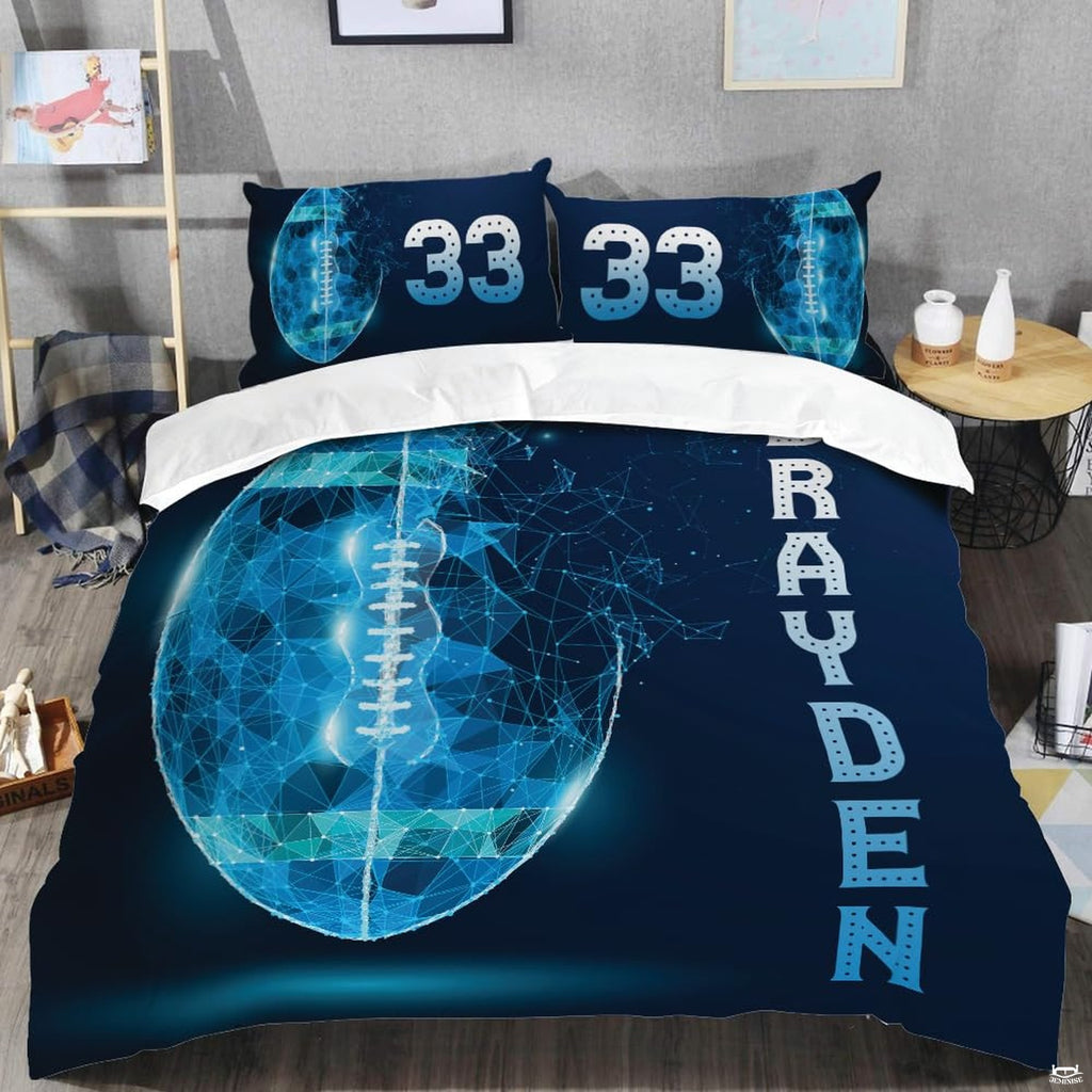 Close-up perspective of sports bedding detailing textured football lacing and athletic collegiate typography
