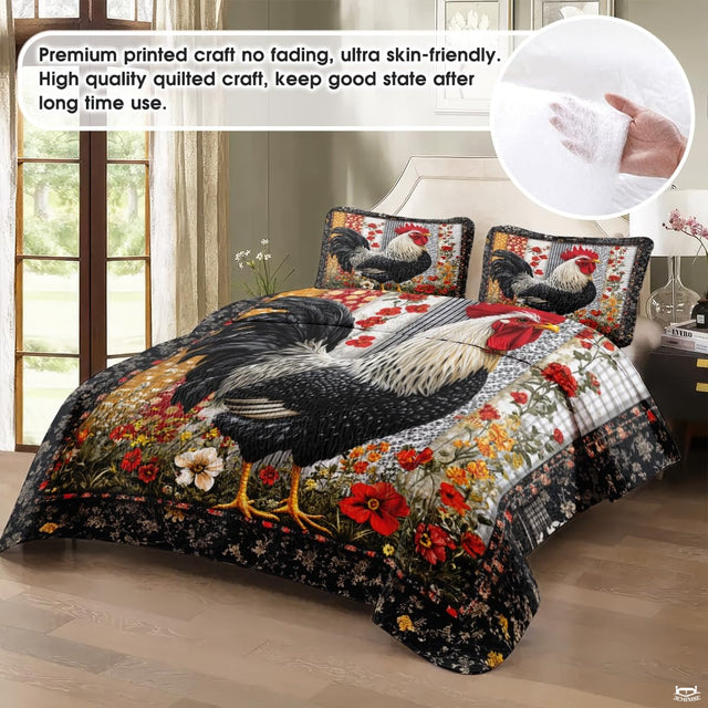 Rooster Patchwork Pattern Quilt Set, Animal Bedding - Chicken Farmhouse Quilt Set Bedspread, Premium Pattern Quilt Bedspread, Rooster Bedding