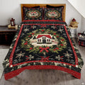 Winter cottage bedding set showcasing an illustrated snow-covered house inside an evergreen wreath with red bows.
