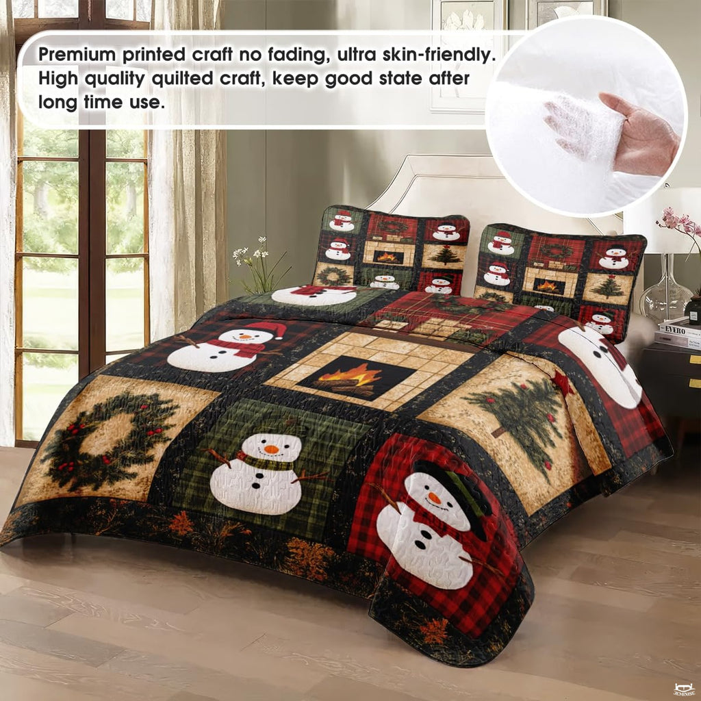 Christmas patchwork bedding showing a stone fireplace, wreaths, and festive plaid border.