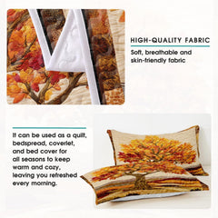 Rustic bedroom styling of autumn tree bedding set arranged on a wooden bed frame with coordinated seasonal room accents.