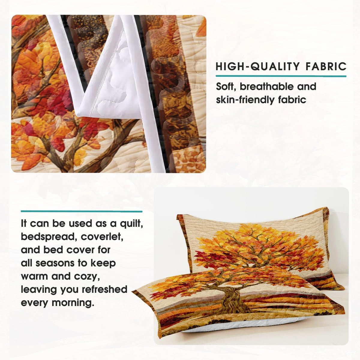 Rustic bedroom styling of autumn tree bedding set arranged on a wooden bed frame with coordinated seasonal room accents.