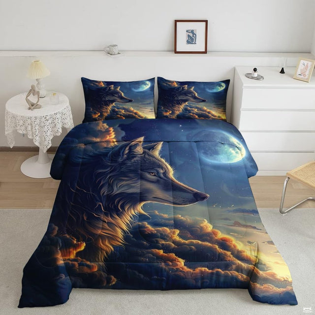 Wolf in clouds comforter mockup with dark profile and blue-green moon