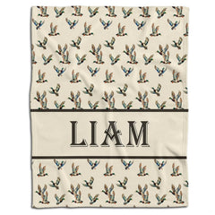 Watercolor flying mallard duck bedding set displayed in a rustic woodland bedroom setting.