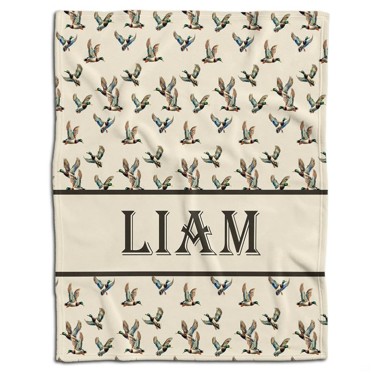 Watercolor flying mallard duck bedding set displayed in a rustic woodland bedroom setting.