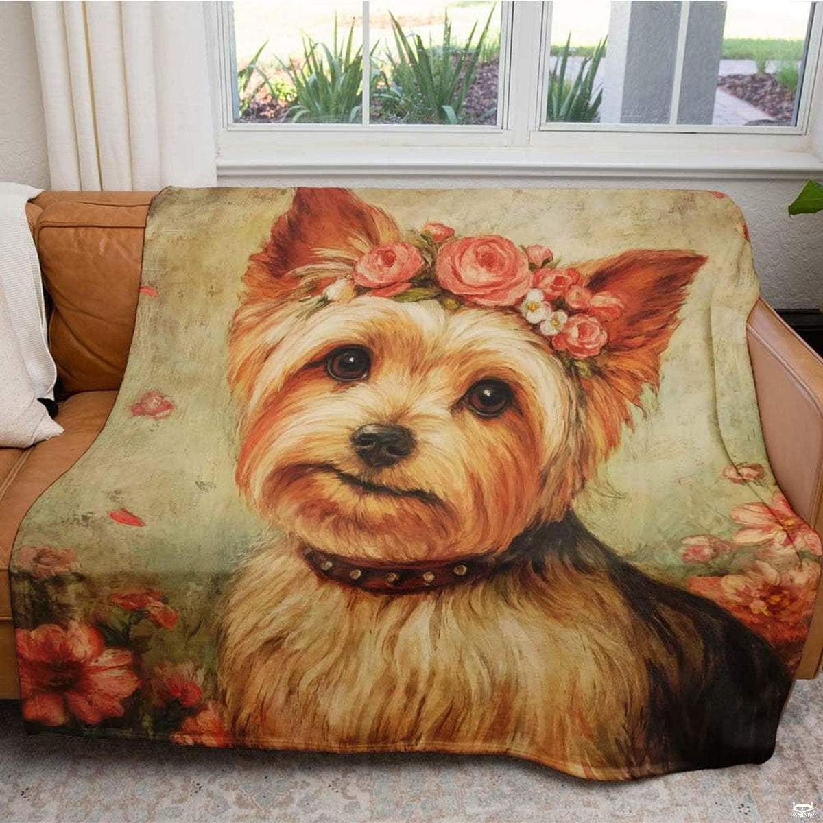 Overhead flat view of the floral crown canine portrait throw blanket showing subtle sage and rose palette