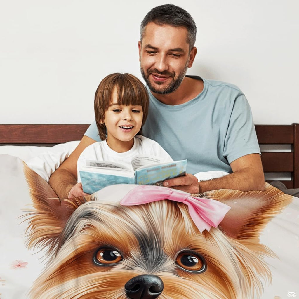 Bedroom styling display featuring artistic yorkie bedding set surrounded by thematic accent pastel decorative accents.