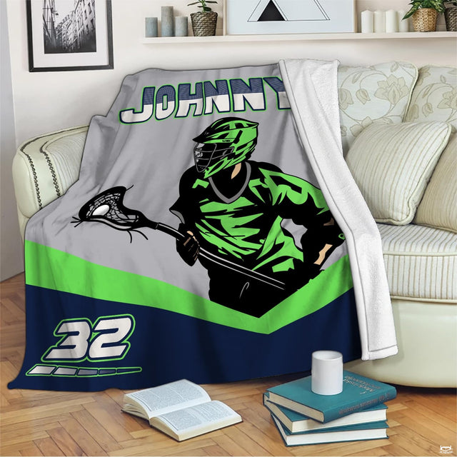 Lacrosse action graphic blanket draped over sofa in modern living room