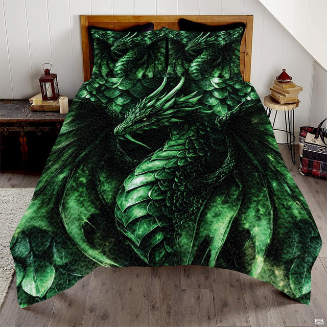 Emerald dragon bedding in a bright bedroom