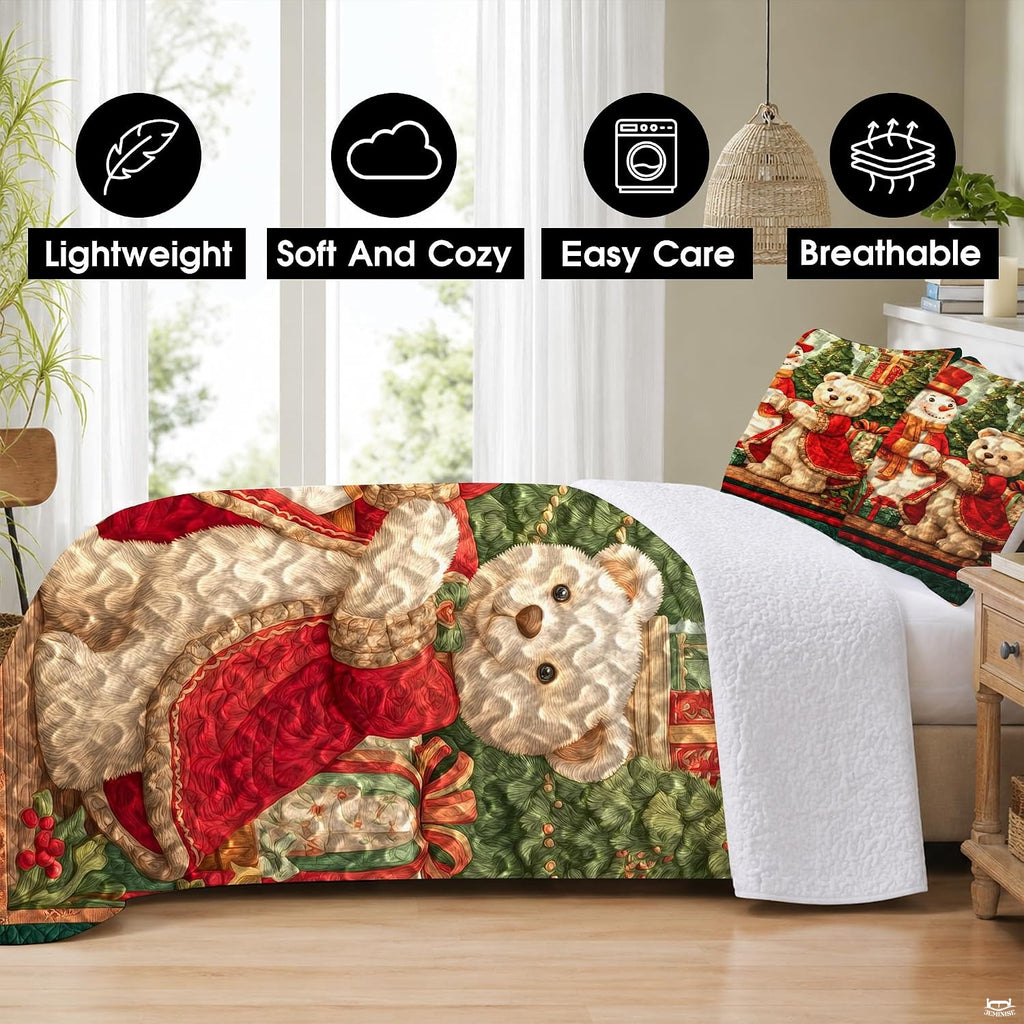 Holiday teddy bear bedding set showcasing nutcracker soldier and evergreen Christmas tree decor.