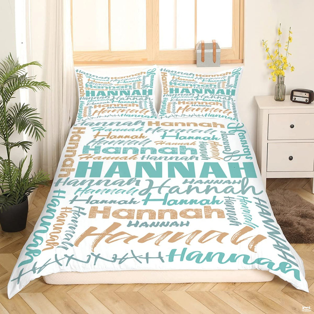 Matching pillow sham detail for typography bedding set displaying dense multi-font lettering in bedroom setting