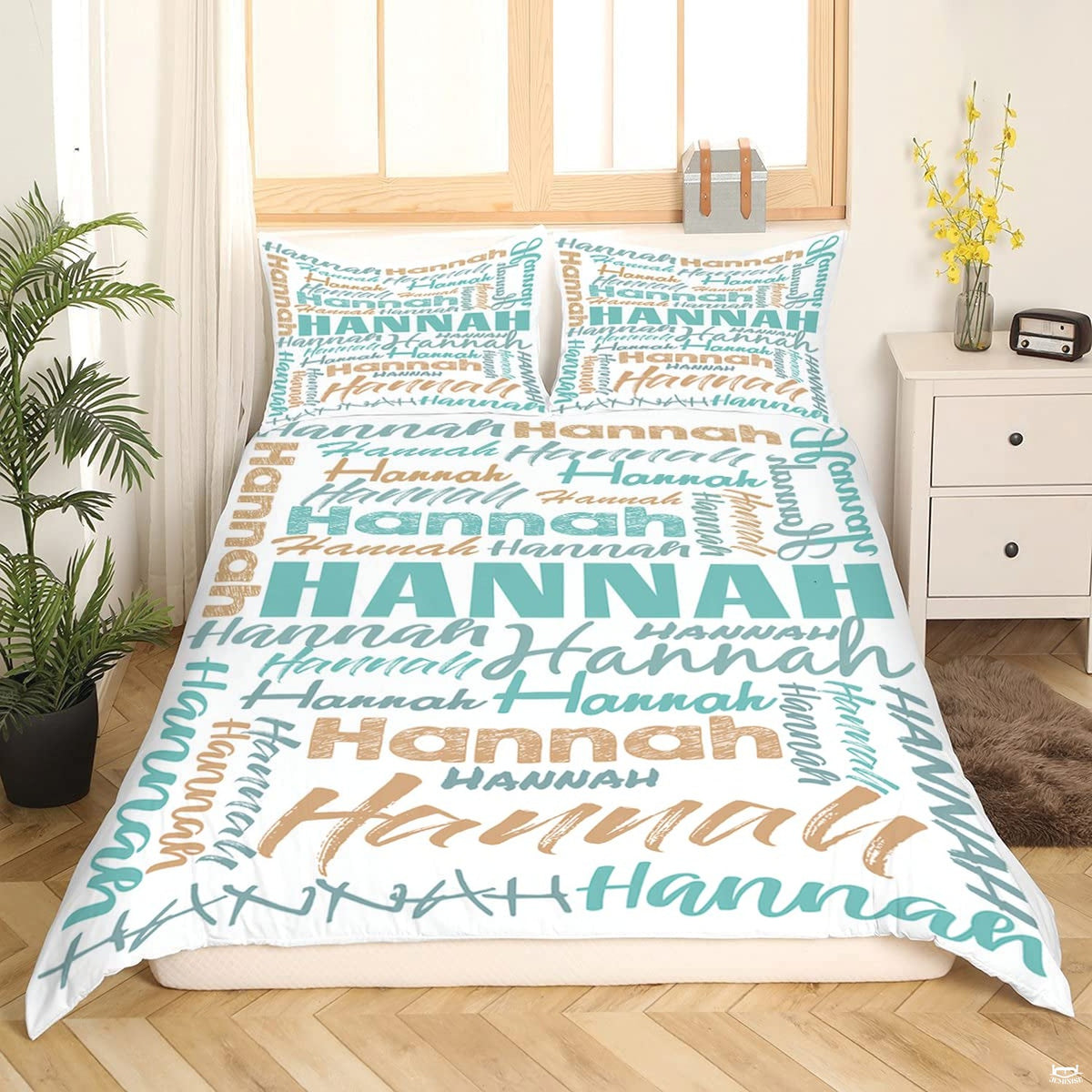 Matching pillow sham detail for typography bedding set displaying dense multi-font lettering in bedroom setting