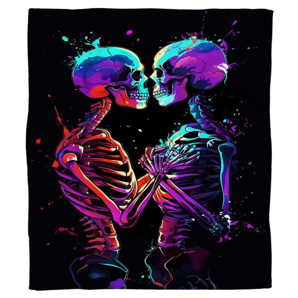 Neon paint splatter skeleton throw blanket draped across living room armchair