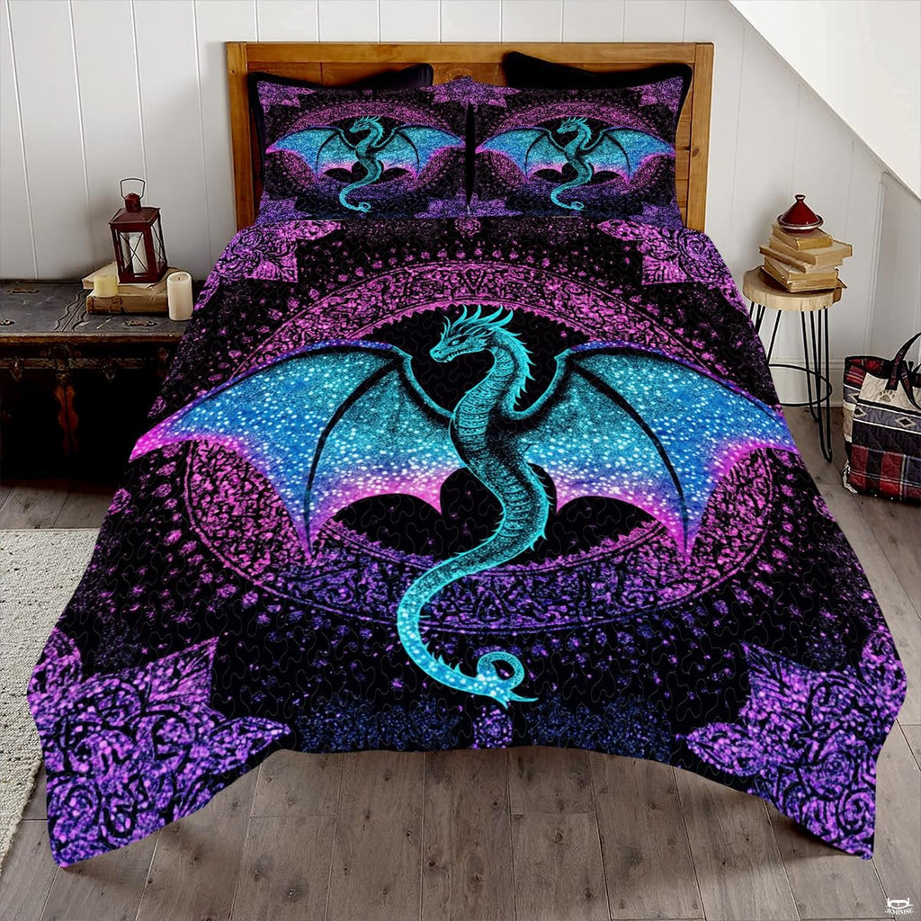 Turquoise dragon with galaxy wings and ornate purple borders displayed on a bed