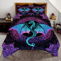 Turquoise dragon with galaxy wings and ornate purple borders displayed on a bed