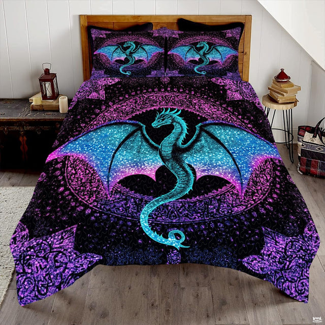 Turquoise dragon with galaxy wings and ornate purple borders displayed on a bed