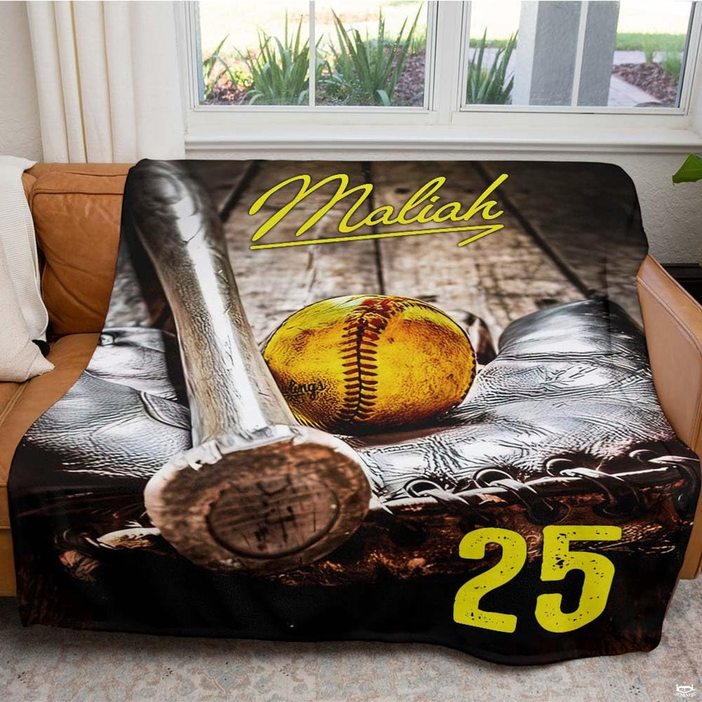 Ballpark equipment graphic displayed neatly across the back cushion of a living room sofa.