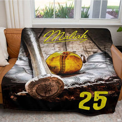 Ballpark equipment graphic displayed neatly across the back cushion of a living room sofa.