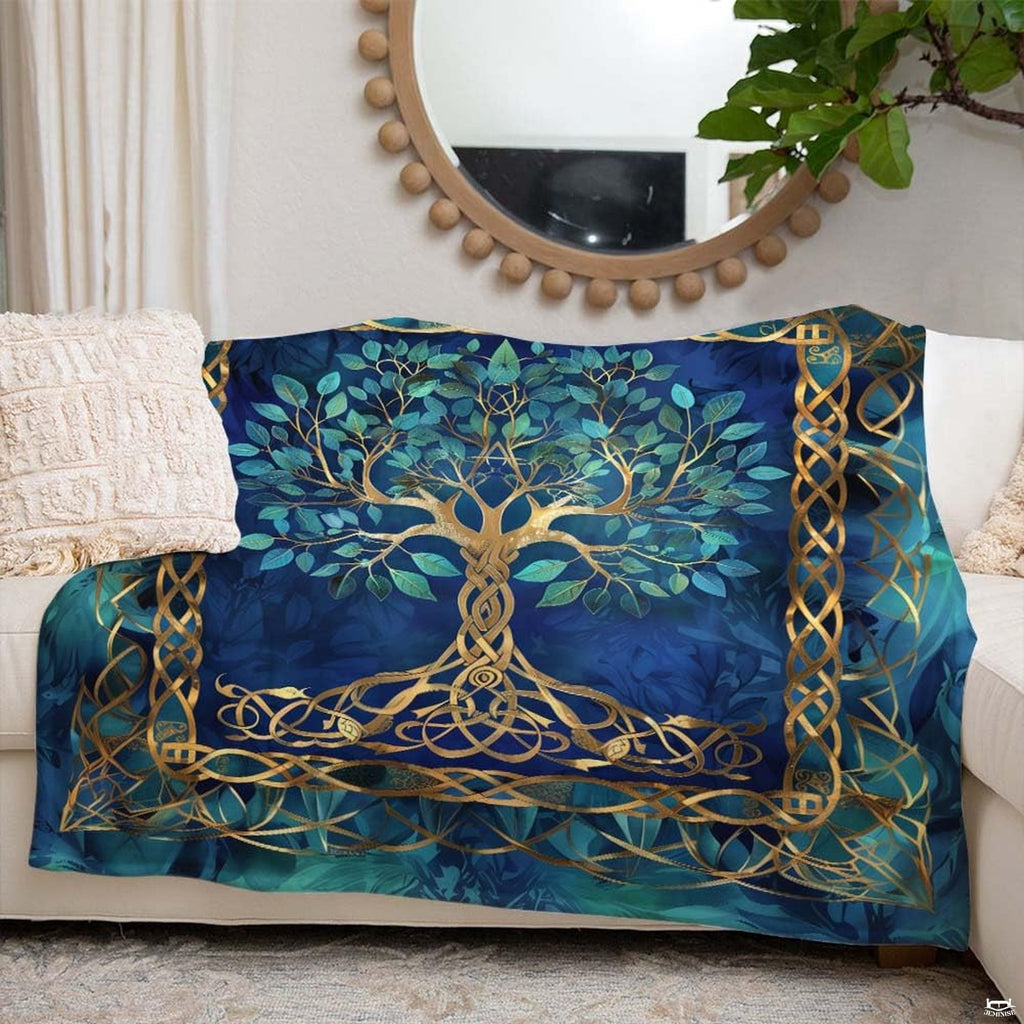Angle view showcasing the radiant gold foliage and emerald gradient artwork of the bedding set in bedroom decor.