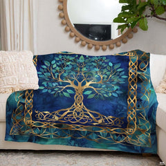 Angle view showcasing the radiant gold foliage and emerald gradient artwork of the bedding set in bedroom decor.