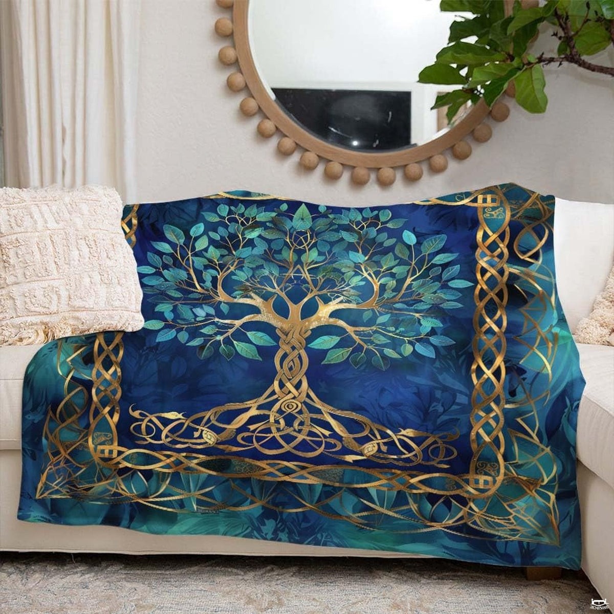 Angle view showcasing the radiant gold foliage and emerald gradient artwork of the bedding set in bedroom decor.