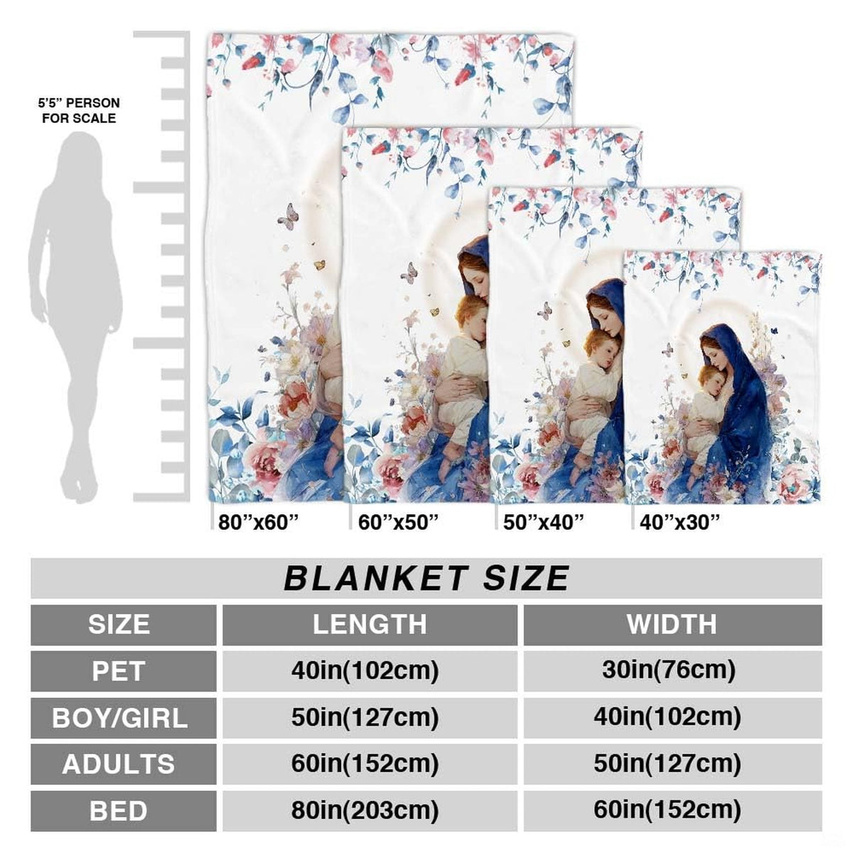 Size proportion chart illustrating available dimensions of the Catholic throw blanket.