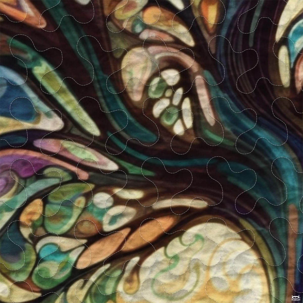 Close-up perspective of botanical bedding detailing jewel-toned glass segments, amber highlights, and lead line art