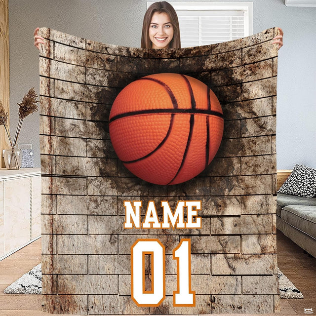 Grunge brick basketball throw blanket view 2 styled on living room couch in modern home