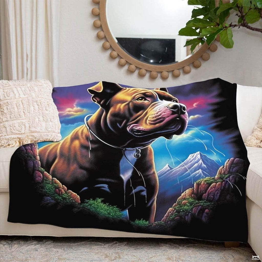 Overhead flat lay of majestic mountain pitbull throw blanket showing complete canine illustration