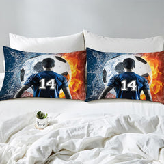 Matching pillowcase detail for athletic bedding set featuring coordinating soccer pitch artwork