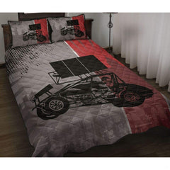 Red and grey sprint car dirt racing bedding set displayed flat across a bed in a modern motorsport bedroom