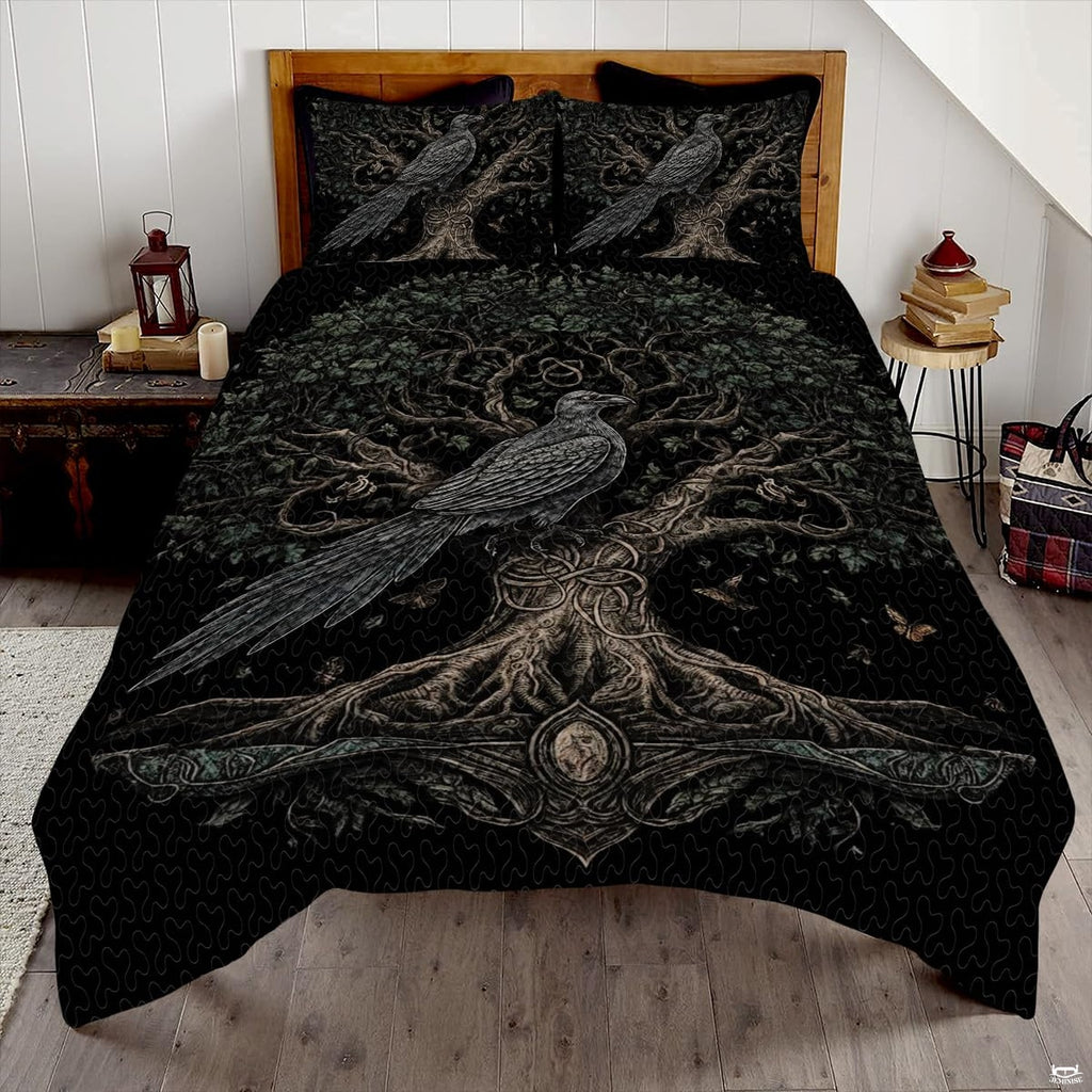 Gothic raven bedding set displaying an illustrated black corvid on Yggdrasil branches.