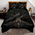 Gothic raven bedding set displaying an illustrated black corvid on Yggdrasil branches.