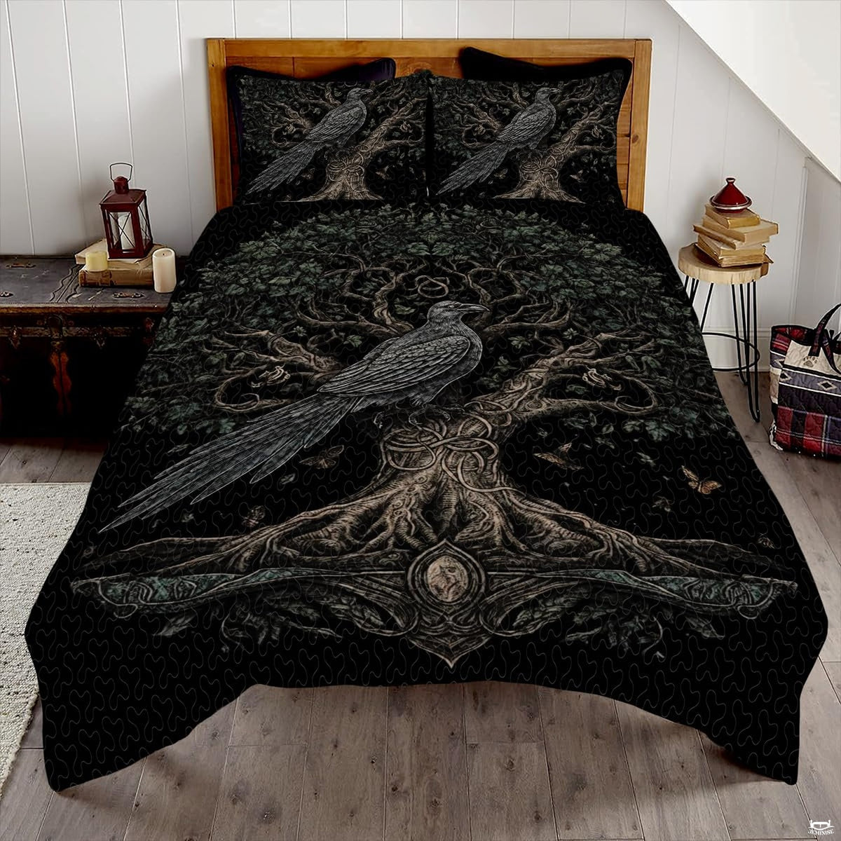 Gothic raven bedding set displaying an illustrated black corvid on Yggdrasil branches.