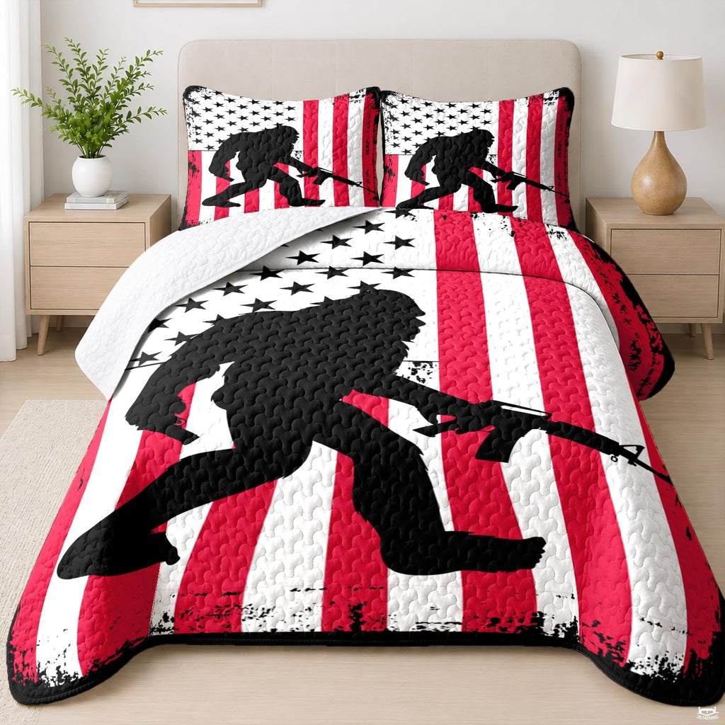 Tactical Bigfoot American flag bedding set showcasing walking Sasquatch silhouette against grunge stripes.