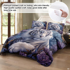 Floral white tiger and butterfly bedding set styled gracefully in a modern bright bedroom.