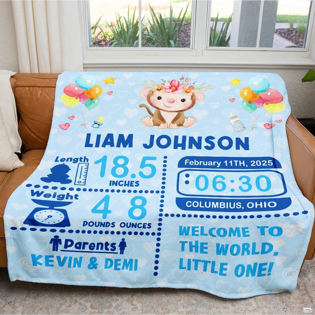 Close view of illustrated floral crown monkey and balloons graphic