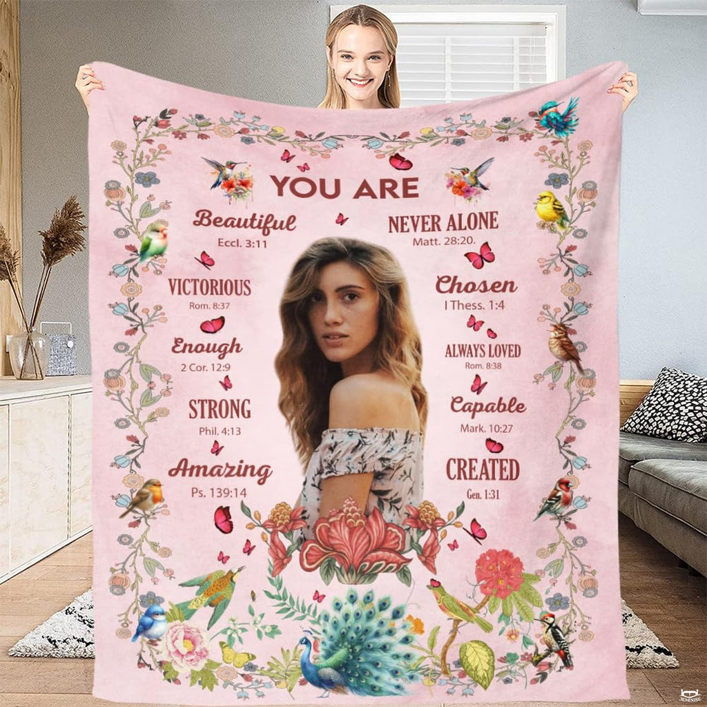 Botanical songbird and peacock scripture faith blanket showing garden birds and peacock view 1