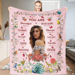 Botanical songbird and peacock scripture faith blanket showing garden birds and peacock view 1