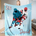 Ice hockey players rink action throw blanket featuring two skaters and black puck on light blue ice