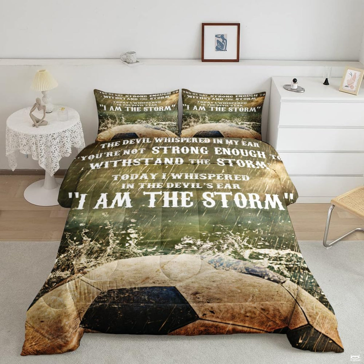 Olive turf and gold soccer cleats field bedding set displayed neatly on a bed in a sporty room