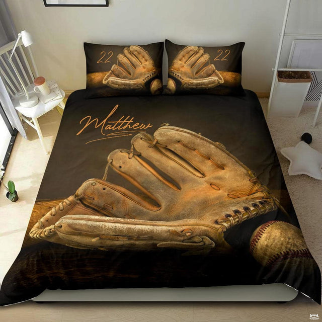 Vintage mustard baseball diamond athletic sports bedding set displayed on a bed in a modern room