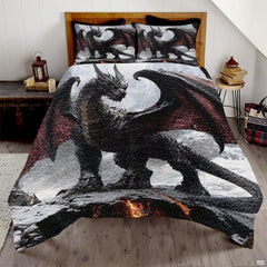 Myth dragon dragonfire bedrock bedding artwork featuring a winged wyrm on a cliff over molten fissures.