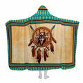 Native wolf dreamcatcher turquoise throw blanket featuring wolves in a dreamcatcher hoop with turquoise borders